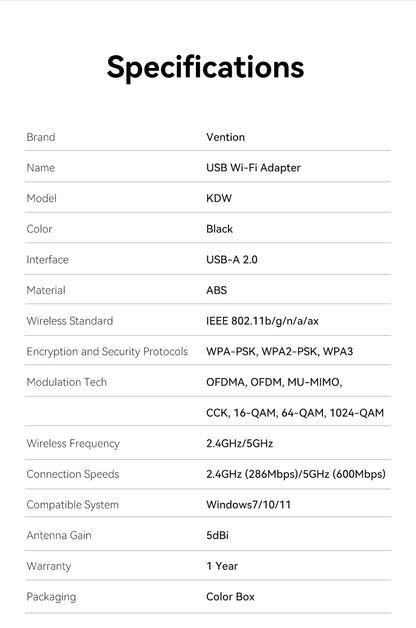 Vention New USB WiFi 6 Adapter 5G/2.4G 600Mbps Wireless WiFi Receiver Antenna Network Card Dongle LAN for Laptop PC Win 10/11
