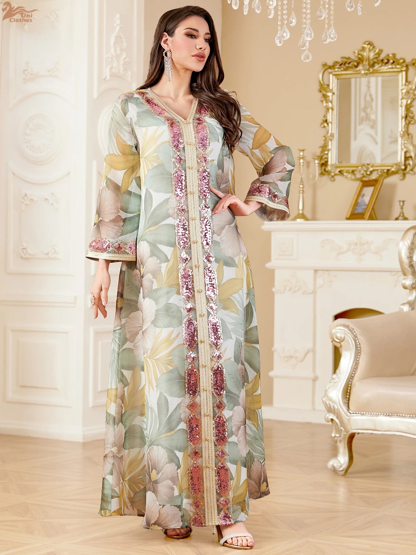 Ramadan Dubai Floral Print Long Dress Sequins Patchwork Abayas Mesh Kebaya For Muslim Women's Casual Loose Clothing.