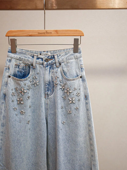 ANJY Autumn Winter Women Fashion Casual Versatile Washed Tide Diamonds Straight Jeans Trend Design Sense High Waist Pants A10636