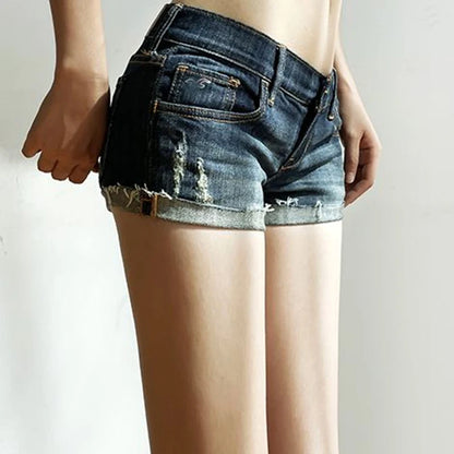 Summer New Women Korean Denim Shorts Pants Lady Low Waist Elastic Slim Fit Hot Pants Female Sexy Deep Blue Hip Wrapping Jeans.