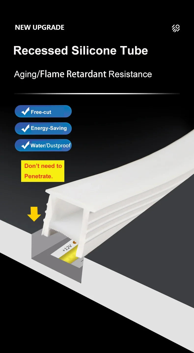 1M-10M Embedded LED Neon Rope Tube Black White Soft Recessed Silicone Diffuser Channel For 5050 COB Flexible Ribbon Strip Light.
