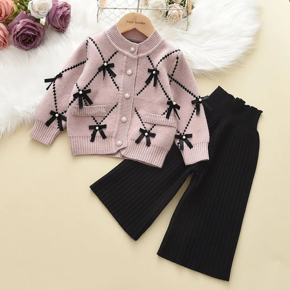 Bear Leader Bow Baby Sweatshirt + Pants 2pcs Set New Children Knitting Outfit for 2-6Years Kids Tracksuit Winter Girls Clothes.