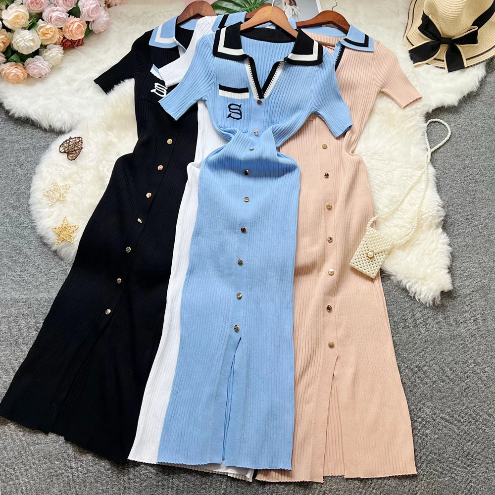 YuooMuoo 2023 Neue Sommer Frauen Gestrickte Lange Kleid Elegante Stickerei Dünne Elastische Bodycon Pullover Kleid Büro Dame Vestidos.