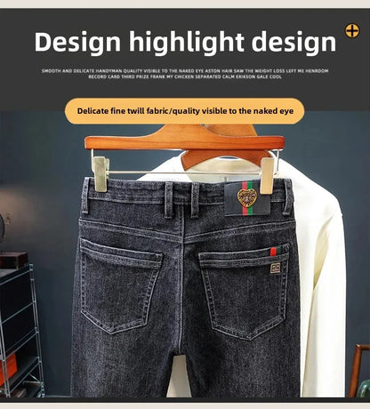 Gestickte Slim-Fit-Jeans mit geradem Bein, High-End-Freizeithose für Herren, durchgehender Bodendruck, dehnbar, trendige Marken-Freizeitjeans.