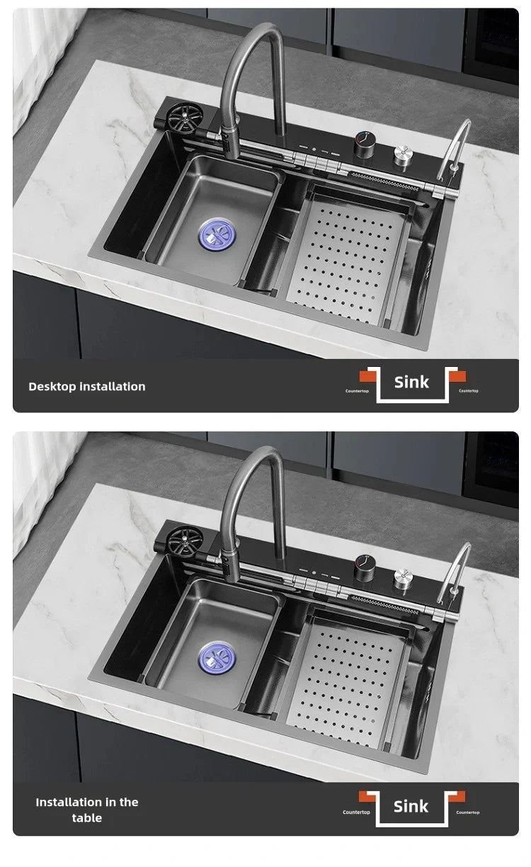 Stainless Steel Kitchen Sink Waterfall Faucet Large Single Sink Intelligent Dishwasher Sink Digital Display and Light Effects