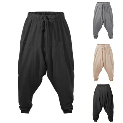 Harem Pants for Men Cotton Linen Drop Crotch Cozy Streetwear Loose Fit Breathable Lightweight Long Pants Male Joggers.