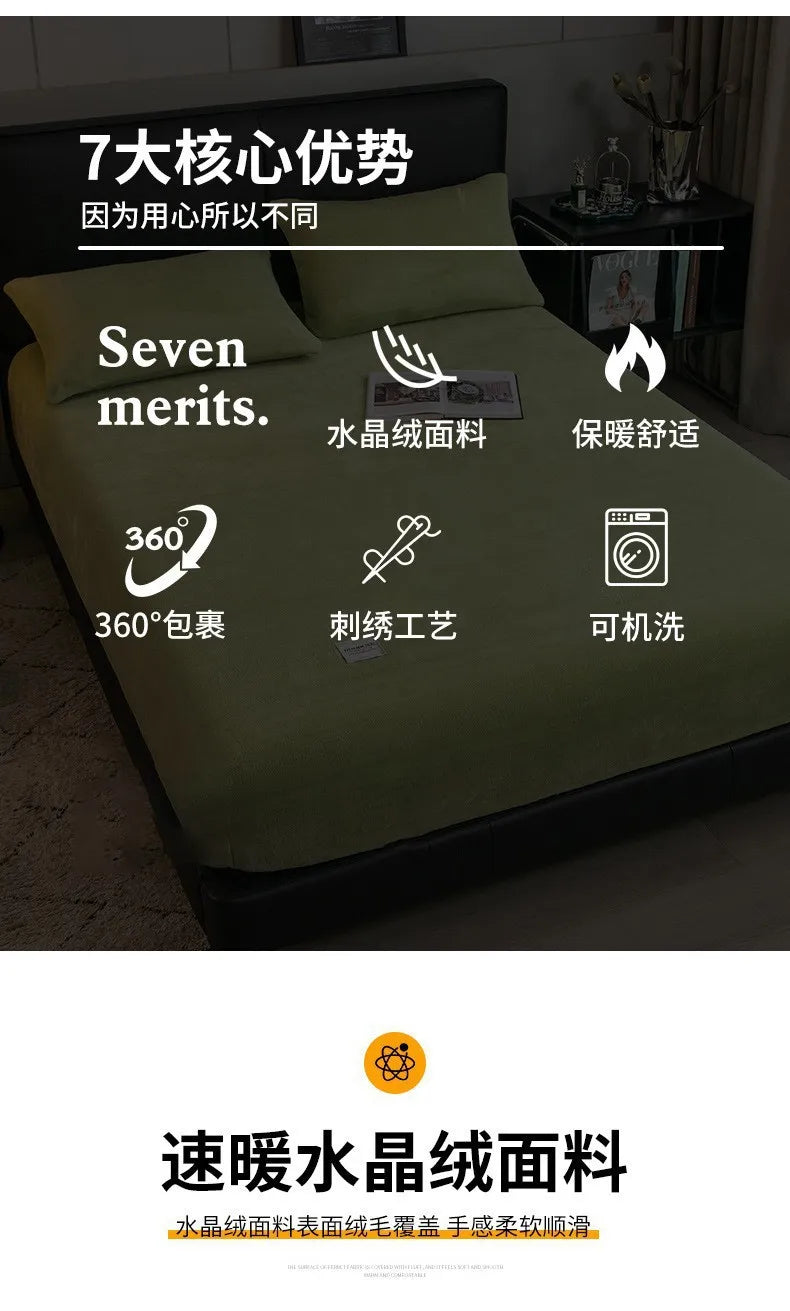 Warm Plush Fitted Sheet Elastic Mattress Cover Fluffy Velvet Fleece Bed Linen Couple Thermal Double Bed Not Included Pillowcase.