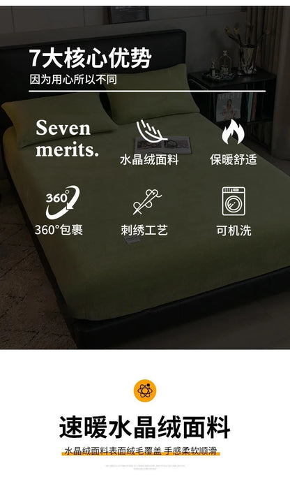 Warm Plush Fitted Sheet Elastic Mattress Cover Fluffy Velvet Fleece Bed Linen Couple Thermal Double Bed Not Included Pillowcase.