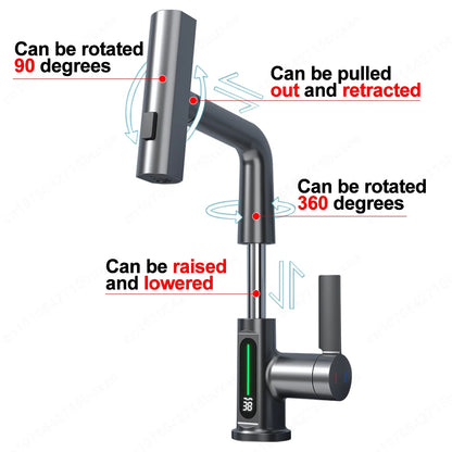 Waterfall Pull Out Kitchen Faucet White Intelligent Digital Display Cold Hot Mixer Taps Rotatable Sink Lifting Basin Faucet