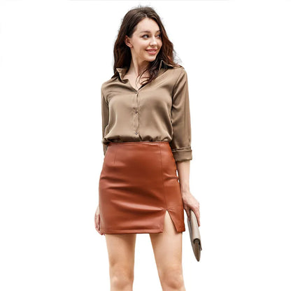 2025 Spring/summer Red Crocodile Pattern PU Skirt Ladies Slit Skirt Slim  Stretch Leather Skirts White Brown Black Green