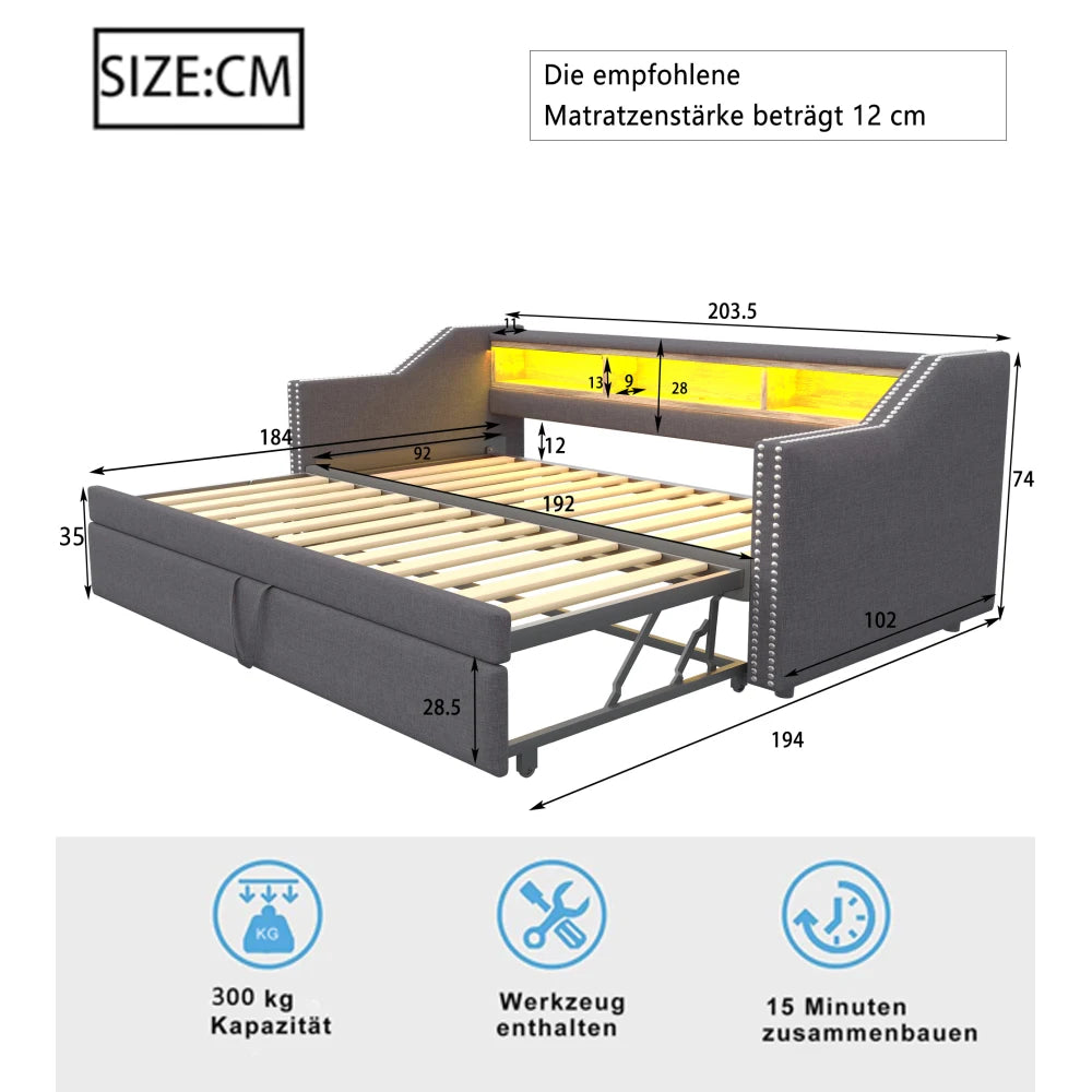 Ausziehbares Schlafsofa 90/180 x 190 cm, multifunktionales Aufbewahrungsfach, LED-Licht und USB-Buchse, mit Gitter, Dunkelgrau