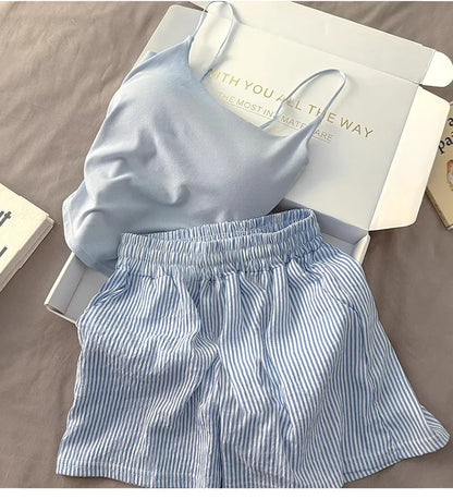 Einfarbiger Pyjama mit Brustpolstern, gestreifte Shorts für Damen, Sommer, dünne Leibchen-Shorts, Loungewear, großer Pyjama, zweiteiliges Set