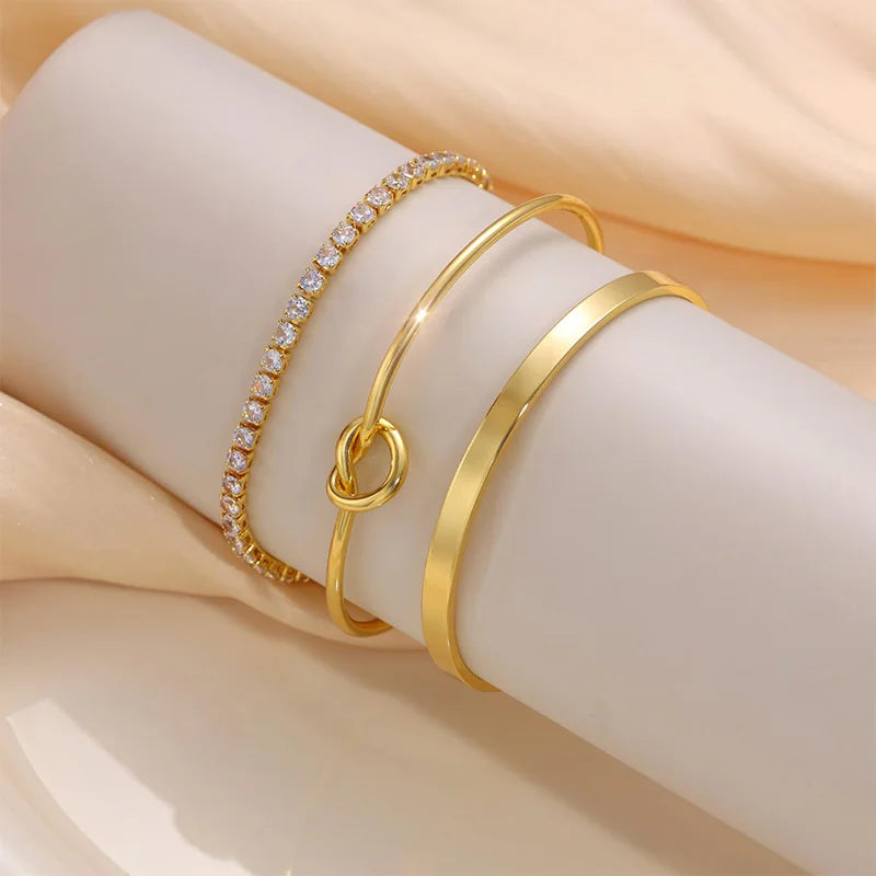 3pcs Stainless Steel Gold Plated Bracelets for Women Adjustable Jewelry Gifts Luxury Zircon Chain Bangles Jewelry Accessories.