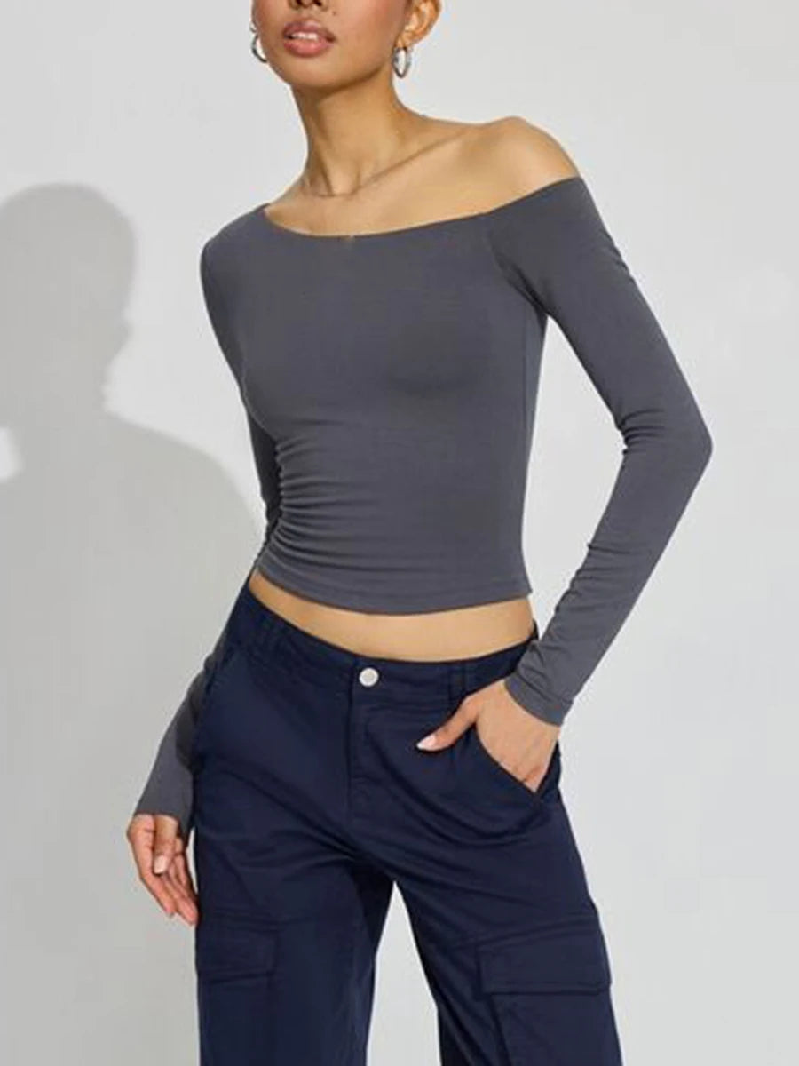 Women's One Shoulder Pullover Tops Slim Fit Solid Color Slash Neck Long Sleeve Showing Navel Asymmetrical Basic Shirt for Fall.