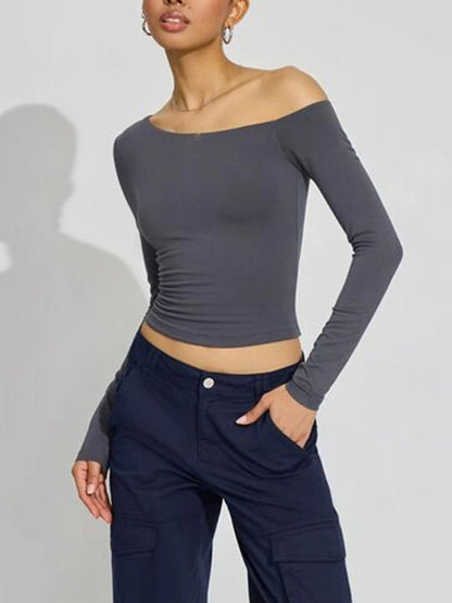 Women's One Shoulder Pullover Tops Slim Fit Solid Color Slash Neck Long Sleeve Showing Navel Asymmetrical Basic Shirt for Fall.