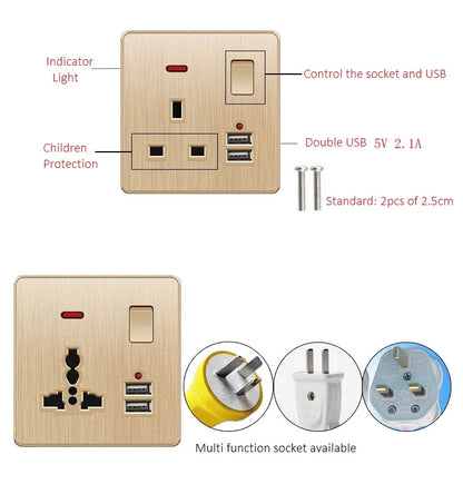 Große Neigungssteckdose im nordischen Stil, grau, 13 A, elektrische Schaltersteckdose nach britischem Standard, universelle Wand-Doppelsteckdose mit USB-Anschluss 2,1 A.