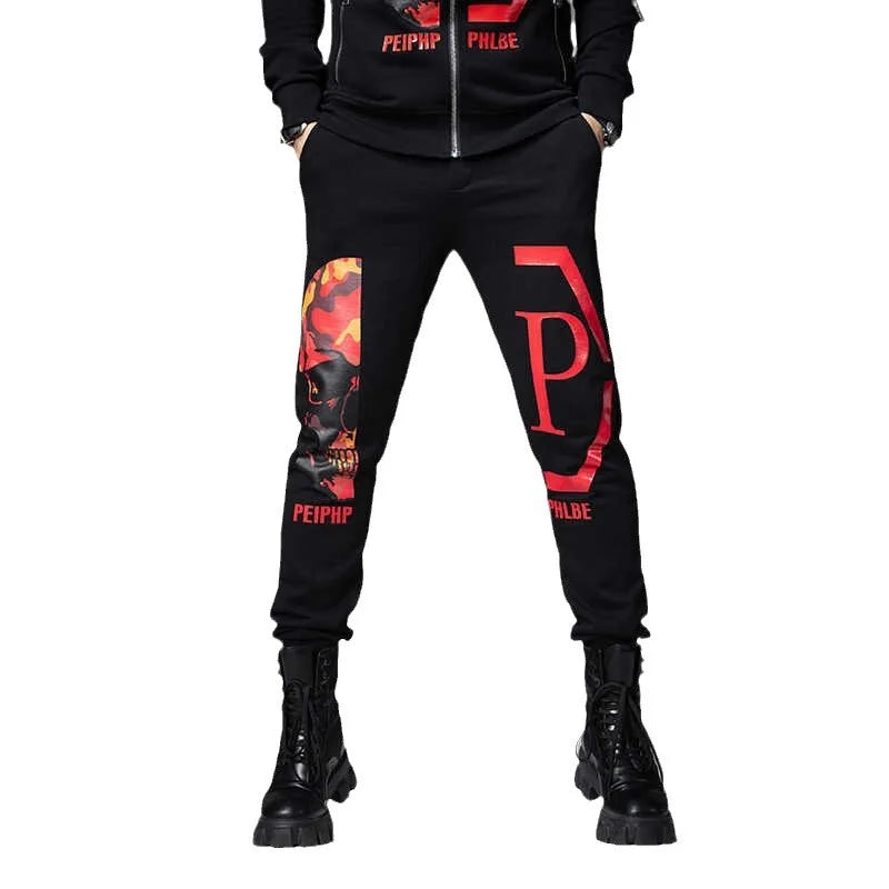 2024 Mens Two Piece Sets Fashion Streetwear Casual Winter Suits Skull Pattern Hooded Black Tracksuit Men Clothes Ropa De Hombre.