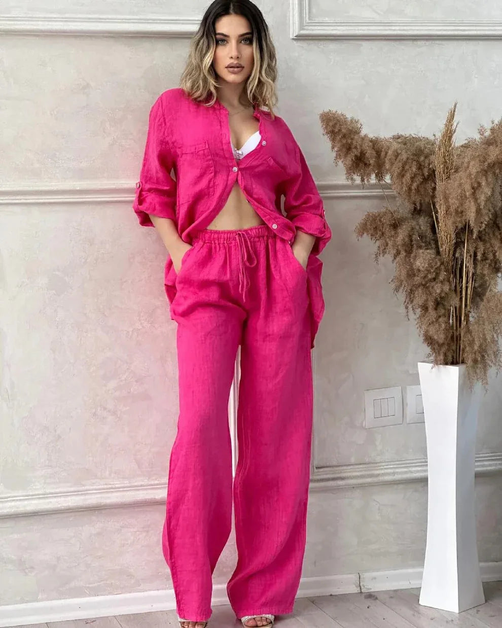 Spring Autumn Two Piece Sets 2024 Women Casual Long Sleeve Pocket Shirts 2 Piece Set Fashion Loose Wide Leg Pants Suit Outfites.