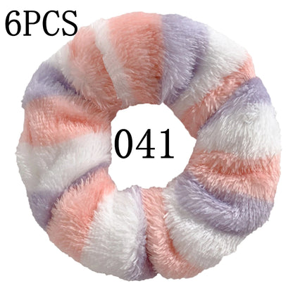 6pc Hair Scrunchies Furry Elastic Band Women Girl Ponytail Holder Rubber Ties Accessories Plush Faux Fur Soft Chiffon Headband