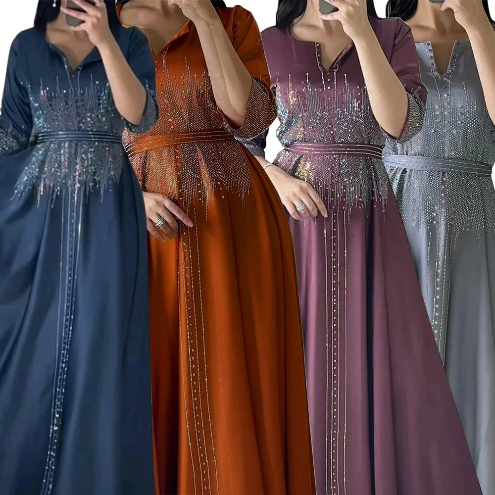 Naher Osten Ramadan Marokkanisches muslimisches geschmiedetes Gesichtskleid Arabisches Dubai-Kleid Luxusmode Hot Diamond Abendrobe.