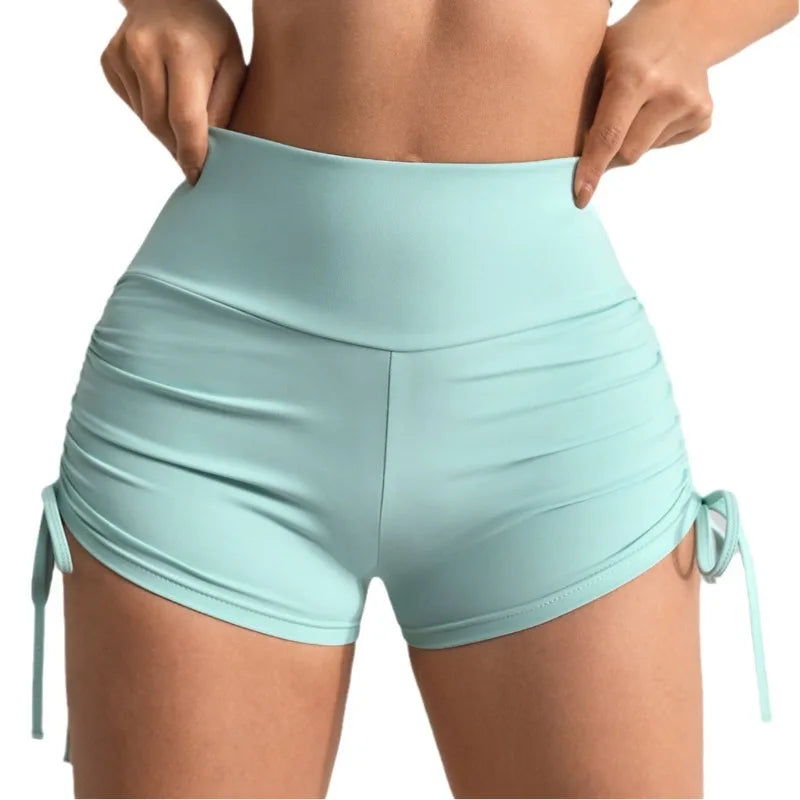 Women's High-Waisted Ruching Yoga Shorts Tight Workout Running Gym Shorts with Tie Detail Summer Fitness Stretch Activewear.