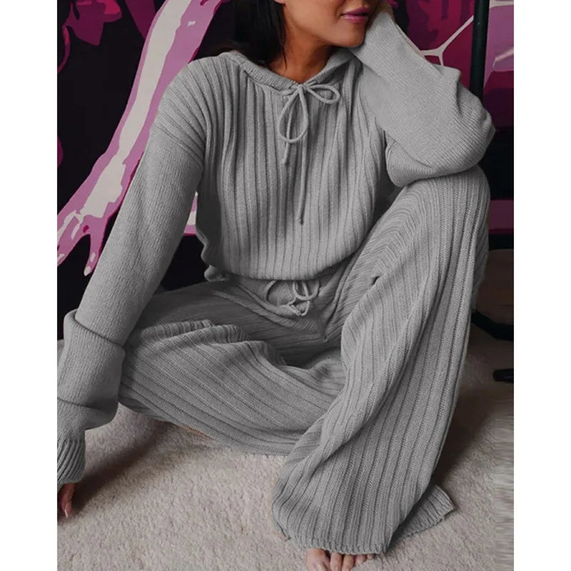 Autumn New Knitted Cotton Sliver Hooded Women's Long Pants Suit Casual Fashion Drawstring Lace Up Pants Female 2 Piece Set 2025.
