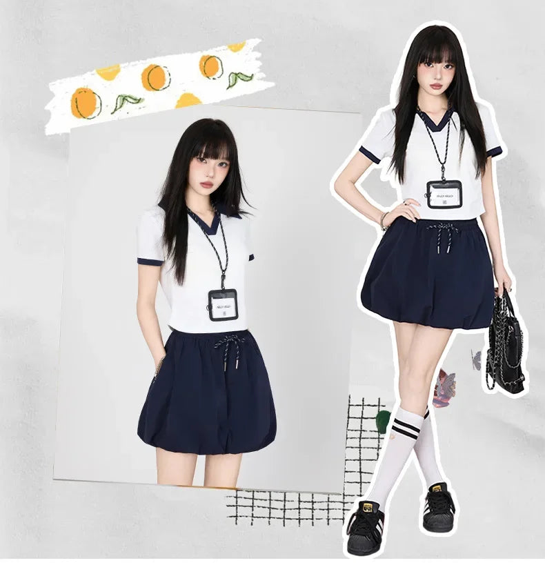 Korean College Style Half-length Shorts Floral Pants White Short-sleeved Set 2025 Versatile New Model Cotton V-neck T-shirt.