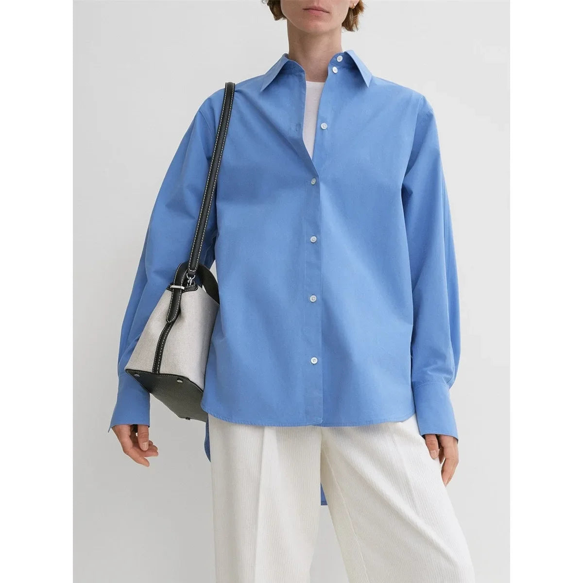 LUXURY Women's Vertical Striped Shirt, Short Front and Back, Short, Vertical Striped Shirt, Loose Long Sleeve, Commuter Style