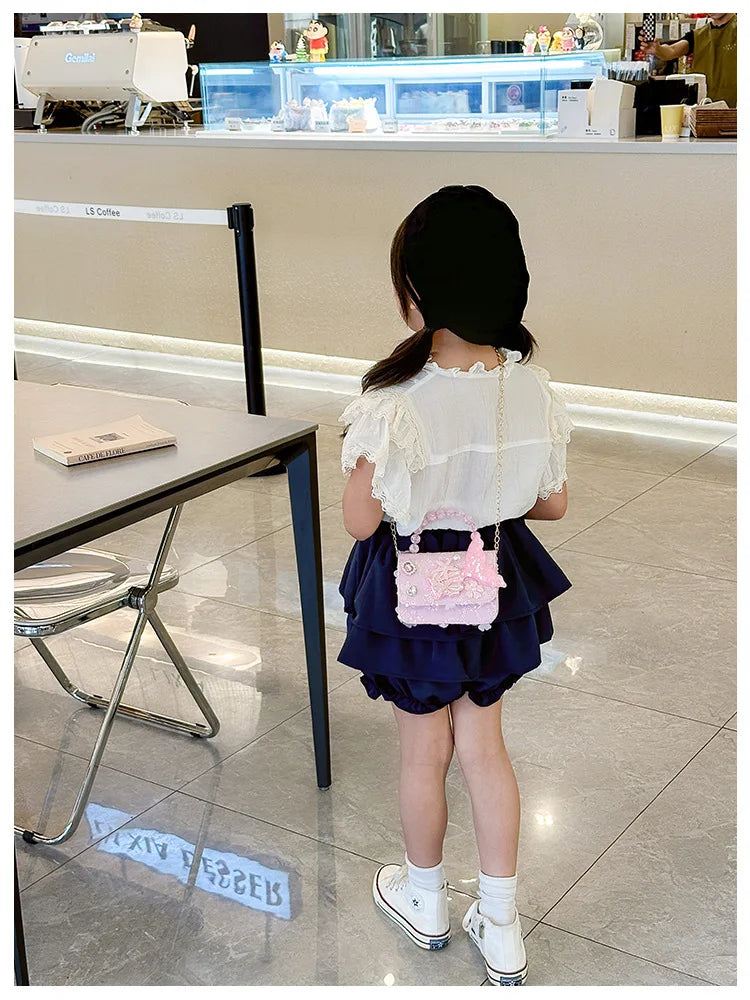 Lovely Sequin Girls Square Shoulder Bag Fish Tail Starfish Princess Crossbody Bags Bead Handle Children's Small Handbags Purse