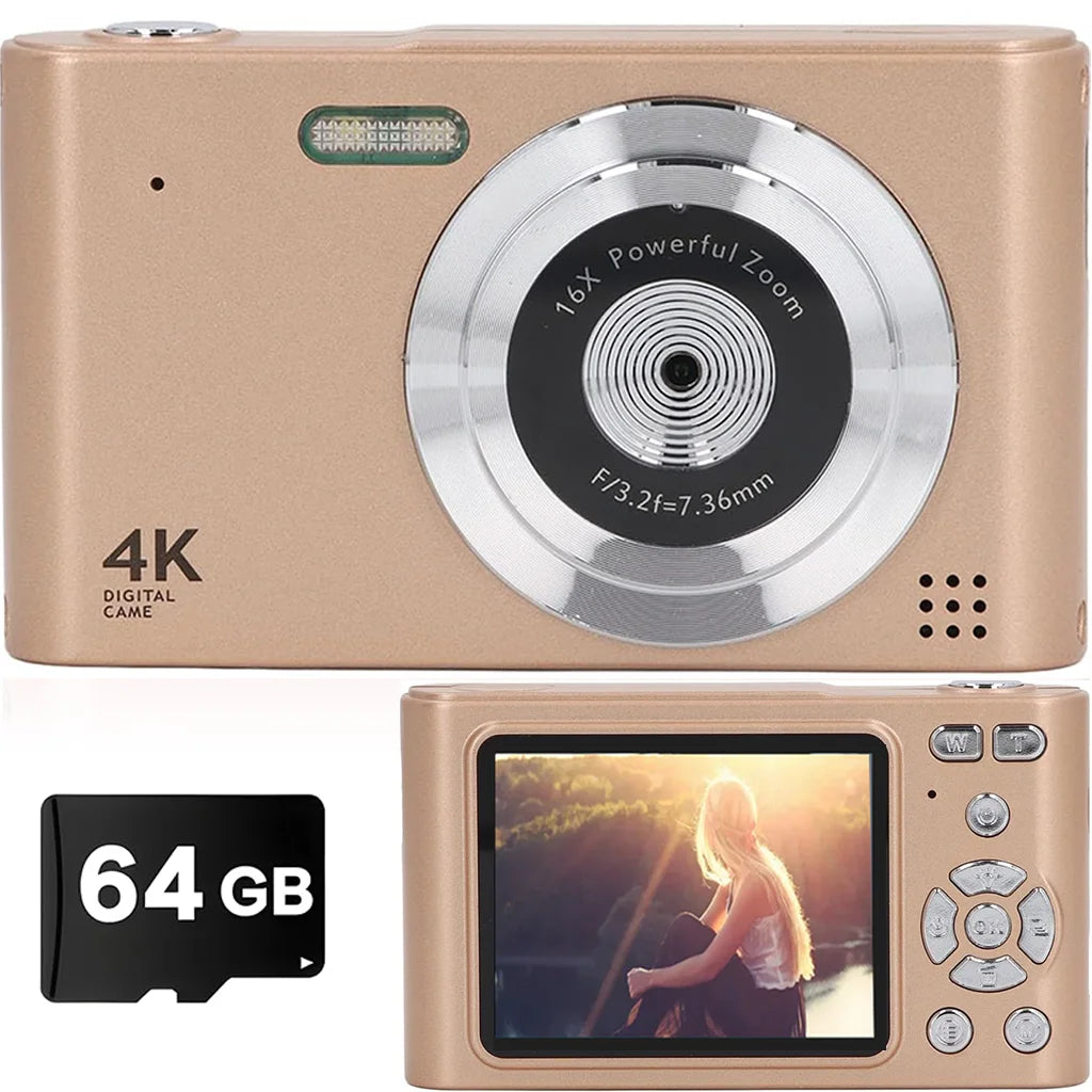 Retro digital camera, CCD camera, multilingual settings, gift for kids, students, 64GB SD card, pink.
