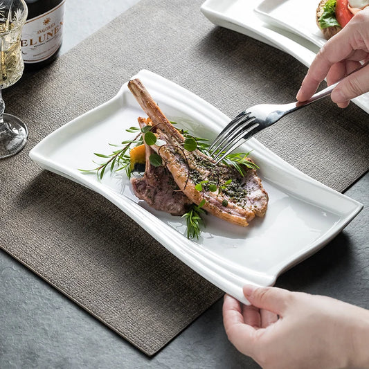 Creative Ceramic White Rectangular Western Food Plate Hotel Restaurant Special Cake Dessert Tableware Household Sushi Set Plate.