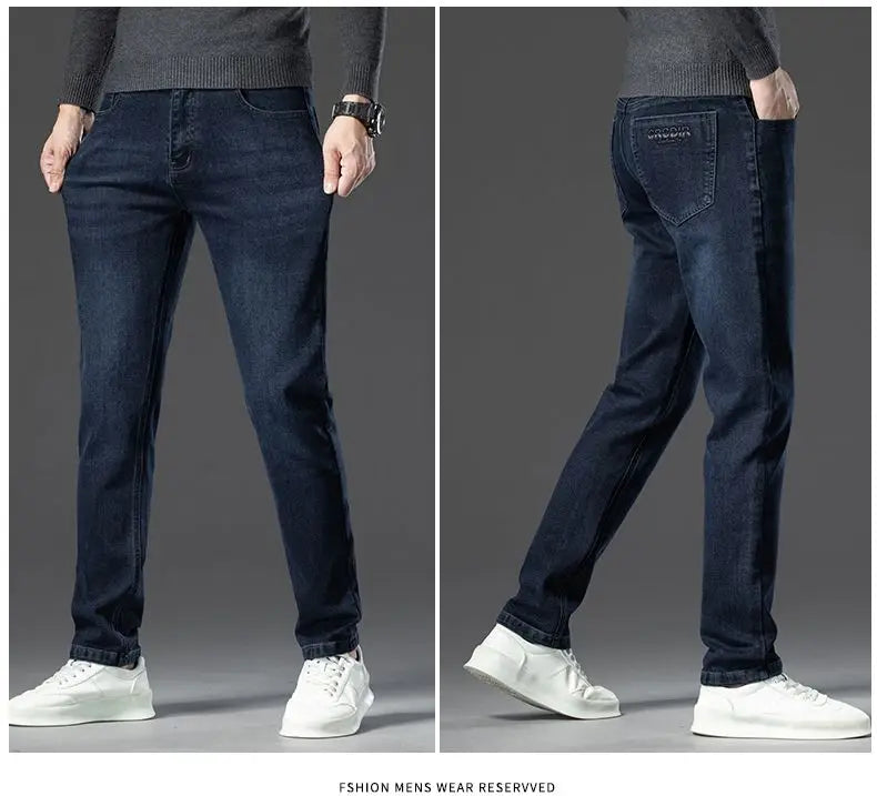 Autumn New Men's Business Jeans High Elasticity Straight Denim Trousers Men's Pants Work Clothes Haze Blue Black Gray Brand.