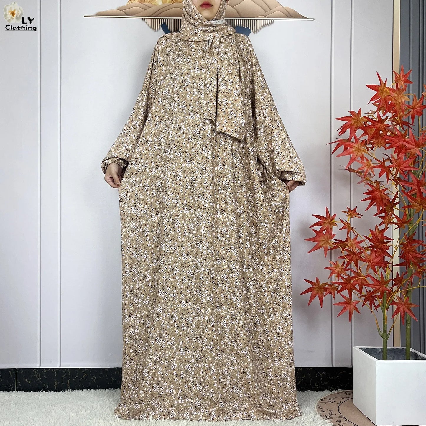 New Muslim Long Sleeved Cotton For Women Ramadan Prayer Turkey Middle East Femme Robe Floral Loose African Abaya Dress Scarfs.