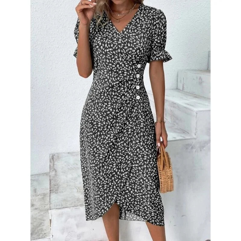Elegante Blumen Plissee H-förmigen Midi Kleid Weibliche V-ausschnitt Puff Sleeve Taille Geraffte Taste Kleider Frauen Sommer Kleid Robe.