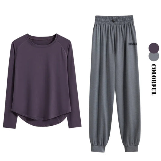 DRUR 2pcs Running Set Women Tracksuit Lightweight Loose Long Sleeve Sport Shirt Pants Sets 2 Piece Sportswear Outfit Gym Clothes.