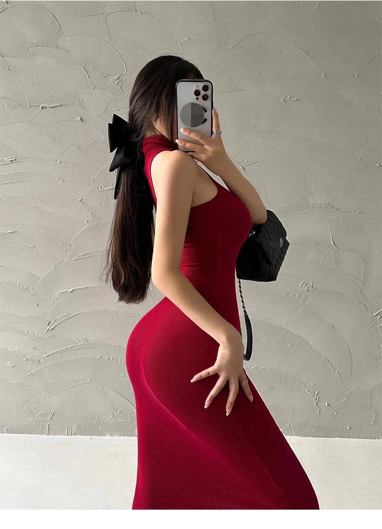 Rot Dünne Sexy Rollkragen Midi Kleid Frauen Abend Party Damen Elastische Hüfte Wrap Elegante Bodycon Kleider Y2k Kleidung.