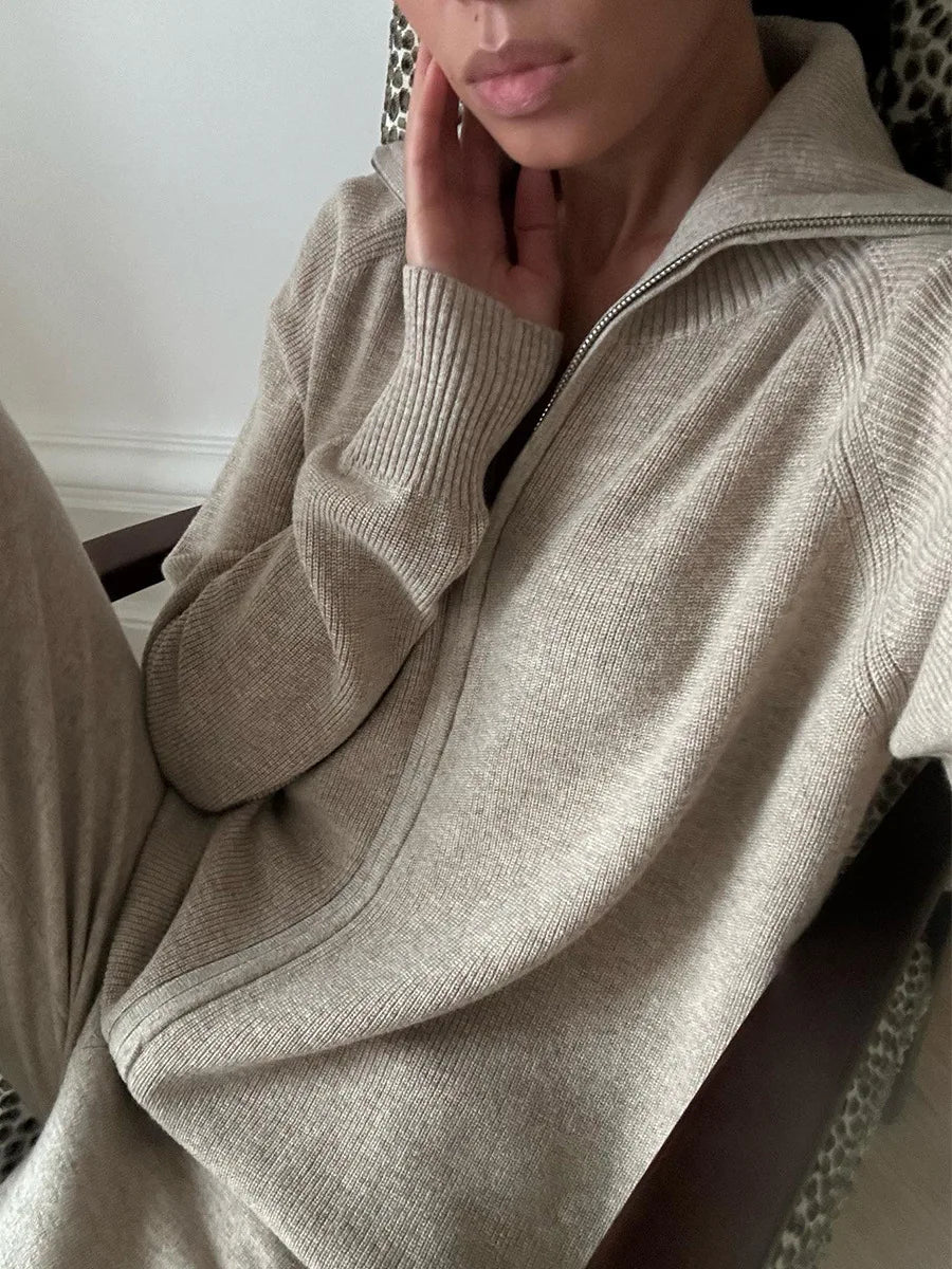 Tornova Zipper Strickjacke Pullover Anzug Weibliche Gestrickte Langarm Casual Mantel Breitbeinig Hosen Pullover frauen Zwei Stück Set