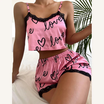2 teile/satz Pyjama Anzug für Frauen Sexy Nette V-ausschnitt Spitze Liebe Herz Gedruckt Hosenträger Tops Shorts Nighty Nachtwäsche Homewear set.