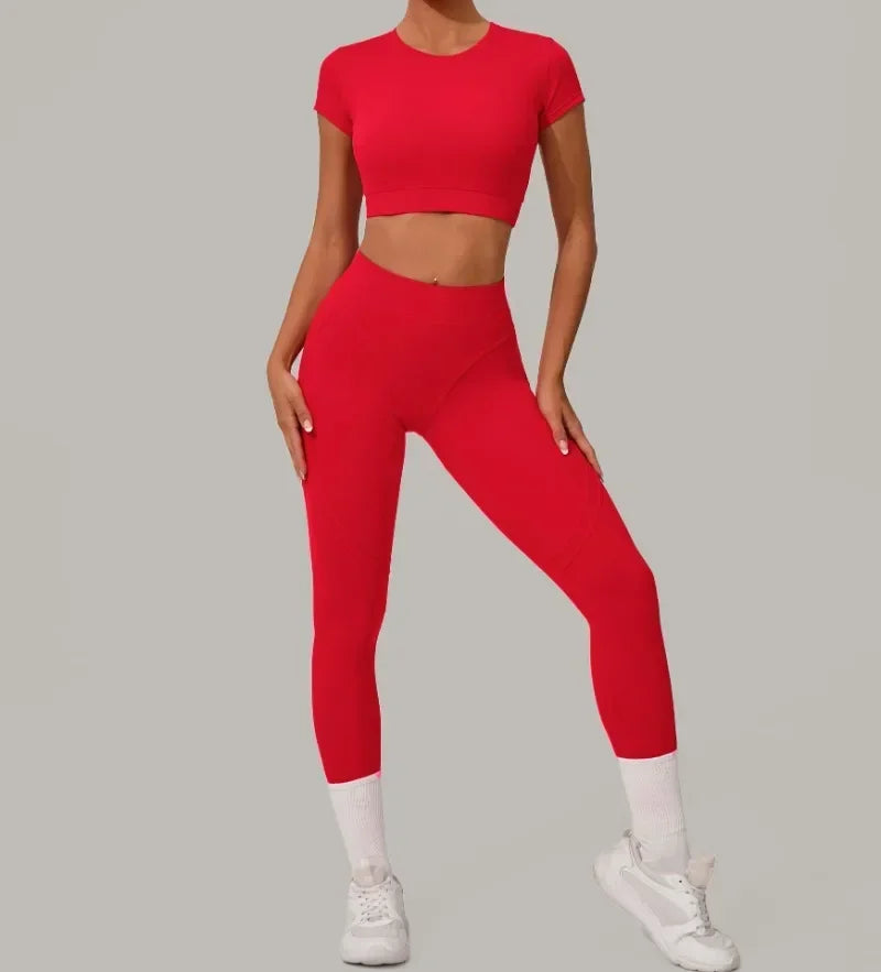 Seamless Yoga Sets Sports Fitness High Waist Hip Lift Tight Breathable Tracksuit Workout Clothing Gym Leggings Suit for Women.