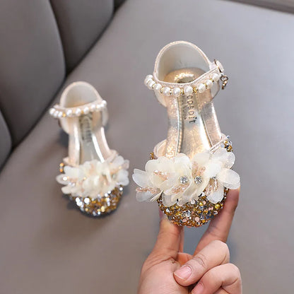 Fashion Children's Sandals 2024 Spring Summer Shining Flowers Sweet Girl Princess Shoes Dance Performance Kids Sandals J191.