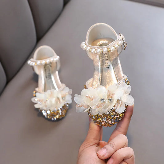 Fashion Children's Sandals 2024 Spring Summer Shining Flowers Sweet Girl Princess Shoes Dance Performance Kids Sandals J191.