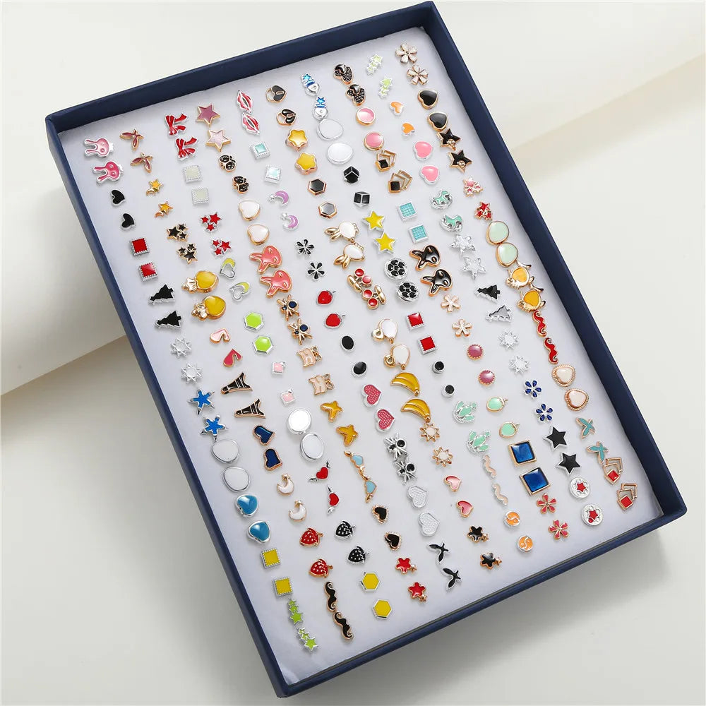 100 Pair/Lot Small Mini Stud Earring Set For Girl Love Star Animal Geometric Random Female Wedding Party Ear Jewelry Accessories.