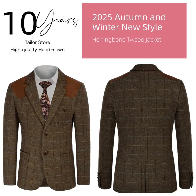 British-style men's suit jacket Houndstooth tweed sports jacket Double-breasted formal jacket    British-Style Men's Suit Jacket.