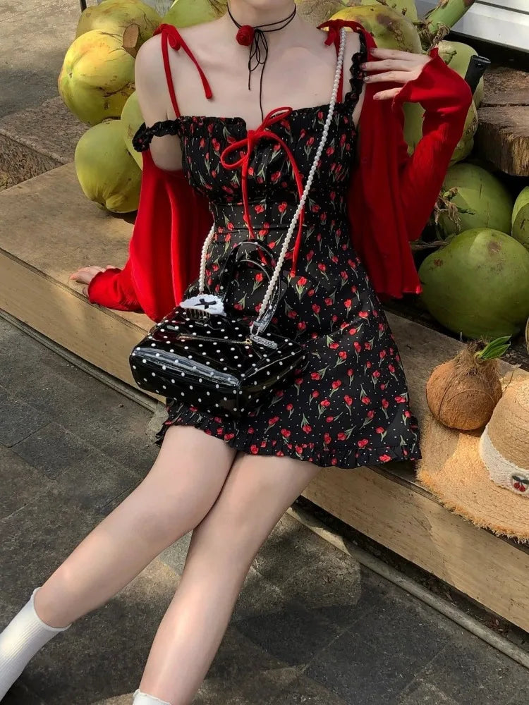 Koreanische Kleid Frauen Süße Bogen Bandage Ärmellose Backless Robe Femme Floral Mode Sommer Mini Kleider 2025, Vestidos De Mujer.