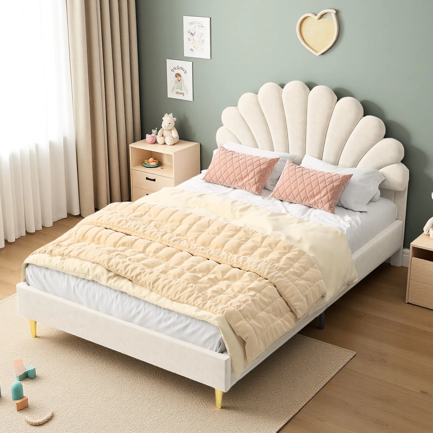 Rosahqnda Kinderbett 140 x 200 cm, Einzelbett, Kinderblütenblattbett, geeignet für Mädchenschlafzimmer, Beige, Weinrot, Samt