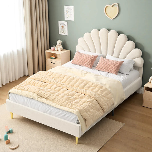 Rosahqnda Kinderbett 140 x 200 cm, Einzelbett, Kinderblütenblattbett, geeignet für Mädchenschlafzimmer, Beige, Weinrot, Samt