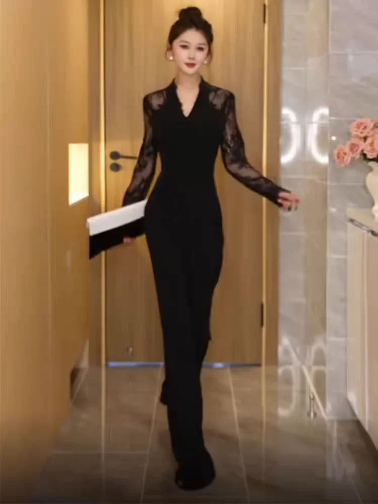 Luxury Elegant Lace Patchwork Black Jumpsuit Women Summer High Waist Long Sleeve Jumpsuits Combinaison Femme Overalls.