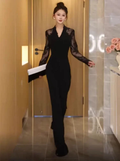 Luxury Elegant Lace Patchwork Black Jumpsuit Women Summer High Waist Long Sleeve Jumpsuits Combinaison Femme Overalls.