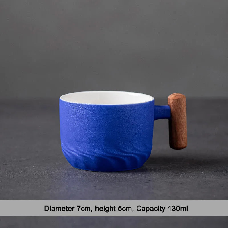 Blue Retro Ceramic Coffee Cup with Saucer 130ml Wooden Handle Tea Water Cup Filter Tea Mug Handmade Frosted Tea Coffee Cup Gift.