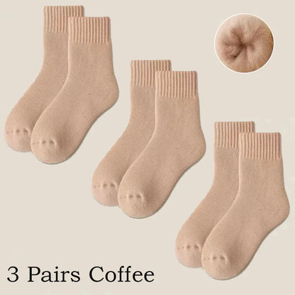 3 Pairs Wool Socks Women Winter Warm Thicken Snow Boot Markron Color Plush Hairy Soft Mid Tube Stockings Floor Sleep Socks White